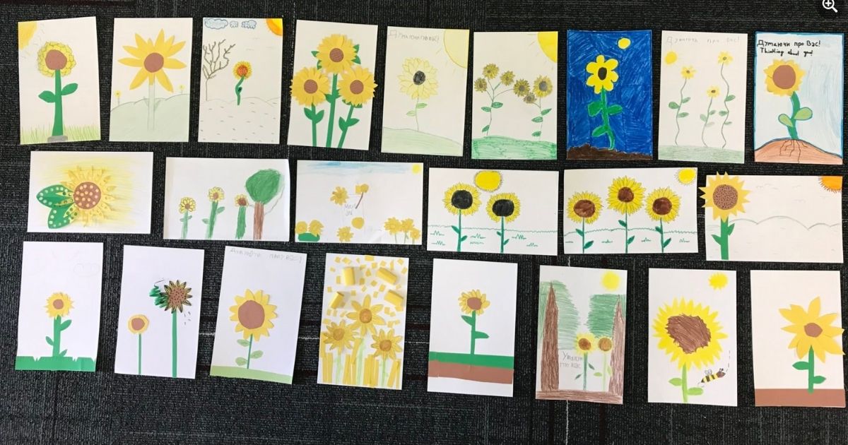 Utah schoolchildren drew pictures for Ukranian children recently to be sent with donated relief items. Many of the drawings featured sunflowers, the Ukranian national flower. Some had messages of encouragement. The gifts were carried overseas by a local man who helped distribute them at a refugee center in Poland.