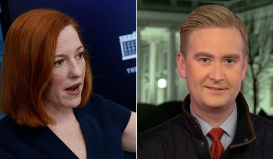 At left, White House press secretary Jen Psaki talks to reporters during the daily news conference in the Brady Press Briefing Room at the White House on April 8. At right, Fox News reporter Peter Doocy appears on "Hannity."