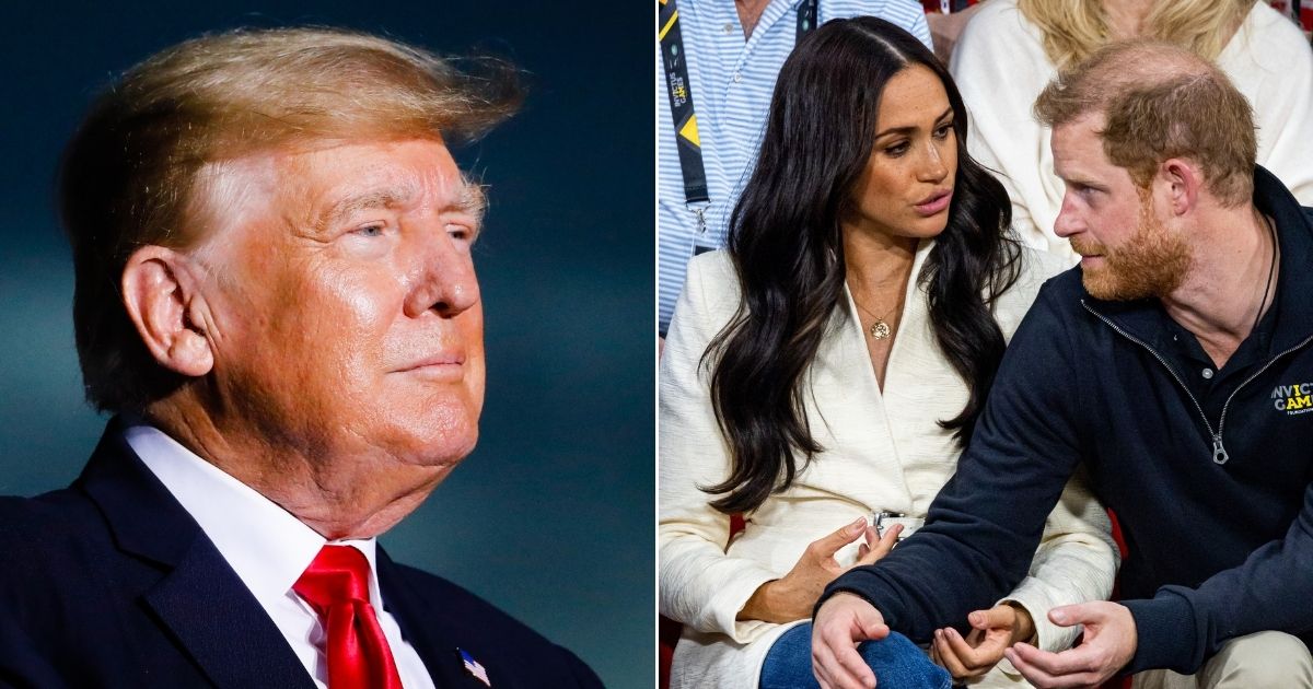 At left, former President Donald Trump speaks during a rally in Sarasota, Florida, on July 3. At right, Prince Harry and Meghan attend a volleyball match during the Invictus Games at Zuiderpark in the Hague, Netherlands, on April 17.