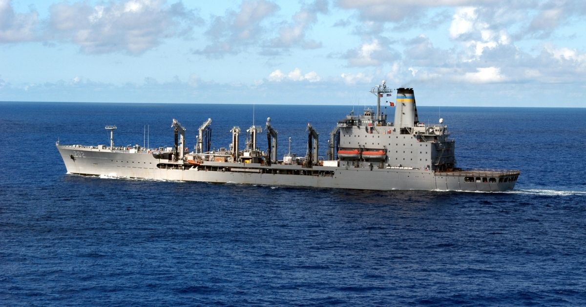 The USNS Yukon, a fleet replenishment oiler, is seen at sea.