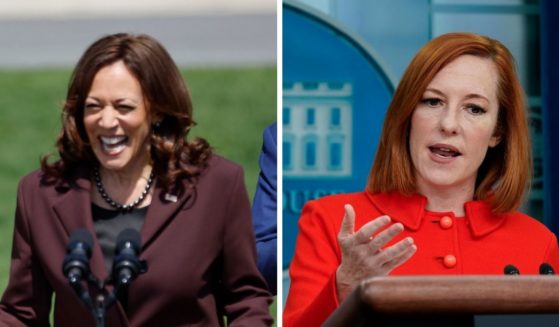 Vuce President Kamala Harris laughing at a podium in the White House Rose Garden on Friday, left; White House press secretary Jen Psaki at a news briefing Monday, right.