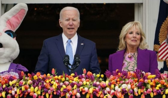 President Joe Biden delivers remarks with first lady Jill Biden in the annual White House Easter Egg Roll on the South Lawn of the White House on Monday.