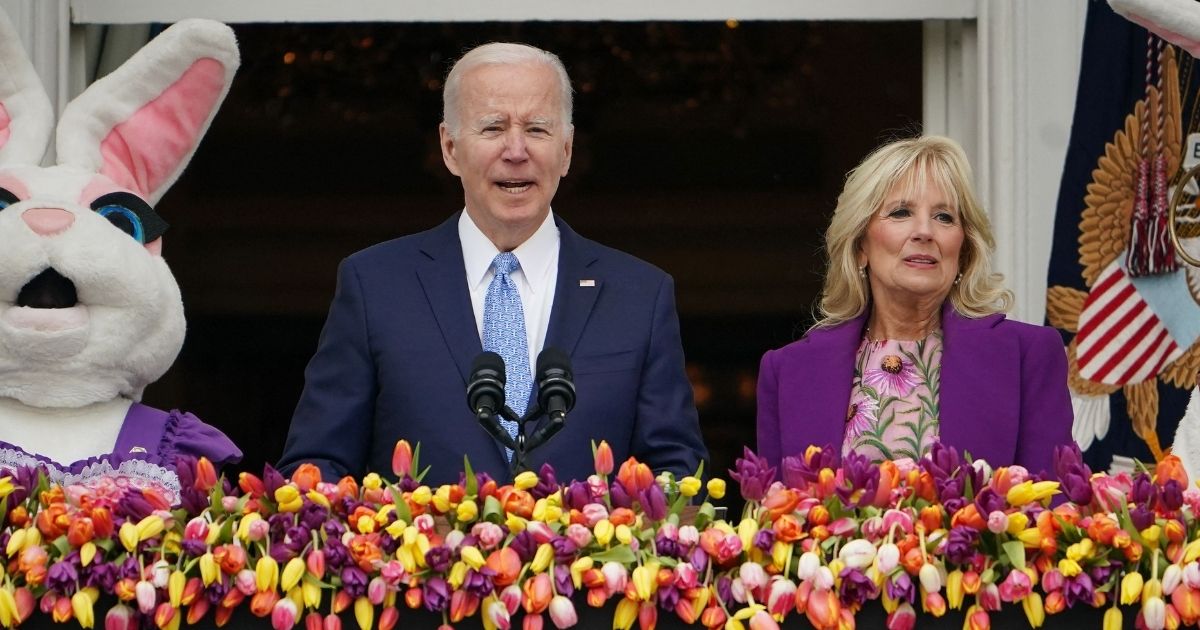 President Joe Biden delivers remarks with first lady Jill Biden in the annual White House Easter Egg Roll on the South Lawn of the White House on Monday.