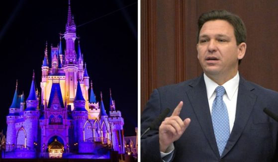 Cinderella's Castle bathed in purple light, left; Florida Gov. Ron DeSantis, right.