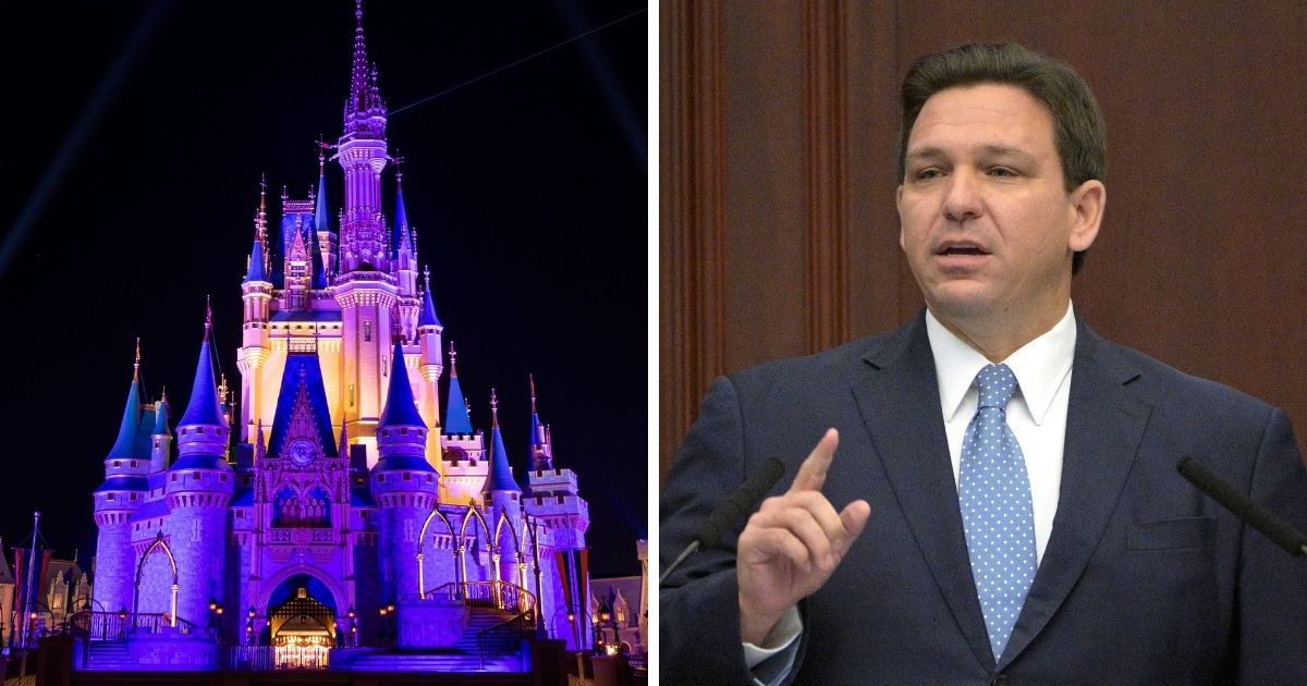 Cinderella's Castle bathed in purple light, left; Florida Gov. Ron DeSantis, right.