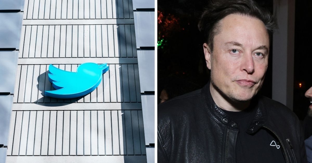 Twitter headquarters building, left; Elon Musk, right.