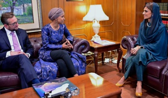 U.S. Rep. Ilhan Omar, second from left, meets with Pakistan Minister of State for Foreign Affairs Hina Rabbani Khar, right, in Islamabad, Pakistan, on April 20, 2022.