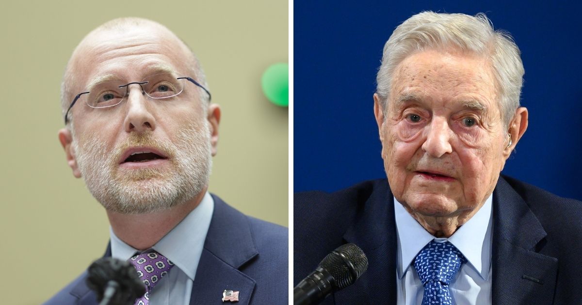 FCC Commissioner Brendan Carr, left; leftists billionaire George Soros, right.