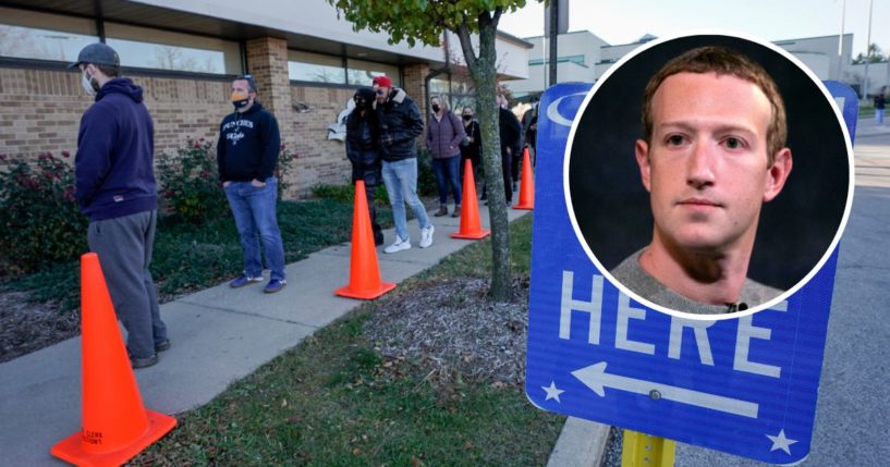 People line up to vote outside the Greenfield Community Center on Election Day in Greenfield, Wisconsin, on Nov. 3, 2020. Inset: Facebook co-founder Mark Zuckerberg is seen Oct. 25, 2019.