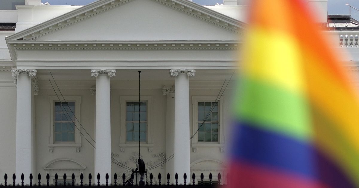A rainbow flag is seen outside the White House on July 4, 2021, in Washington, D.C.