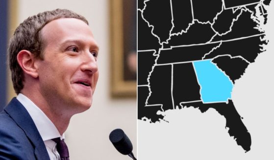 Mark Zuckerberg, left, and a blue Georgia on a U.S. map