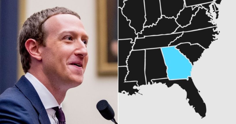 Mark Zuckerberg, left, and a blue Georgia on a U.S. map