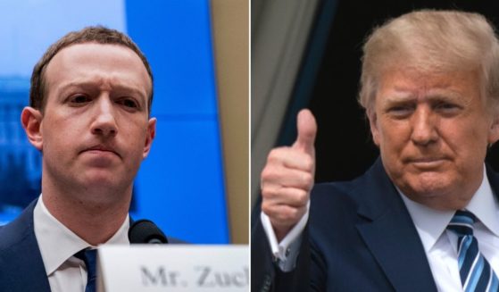 At left, Facebook co-founder Mark Zuckerberg testifies before a House Energy and Commerce hearing on Capitol Hill in Washington on April 11, 2018. At right, then-President Donald Trump gives a thumbs up from a White House balcony on Oct. 10, 2020.