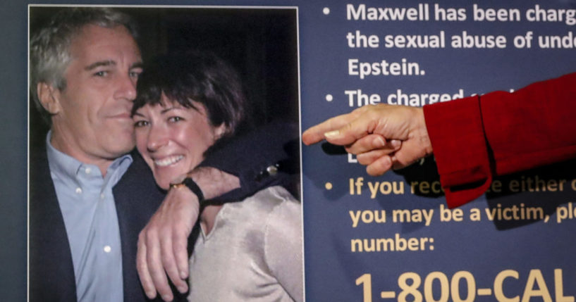 Audrey Strauss, acting U.S. attorney for the Southern District of New York, points to a photo of Jeffrey Epstein and Ghislaine Maxwell