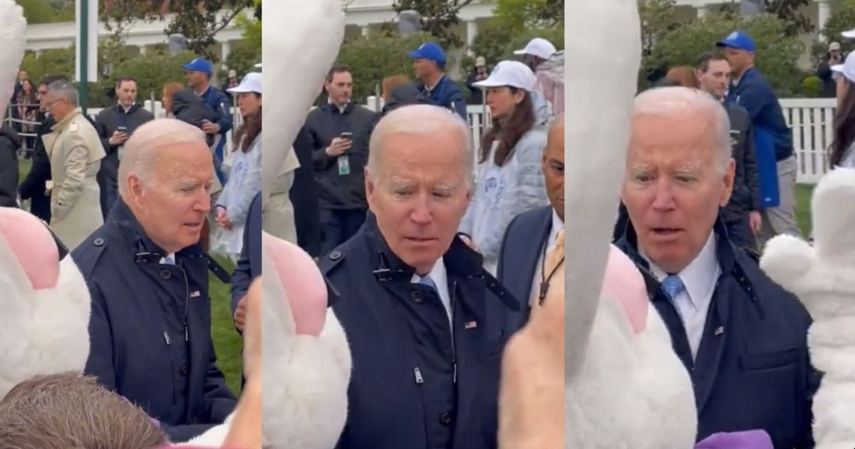 A montage from video shows President Joe Biden's reaction to an aide in a rabbit costume at Monday's Easter Egg Roll at the White House.