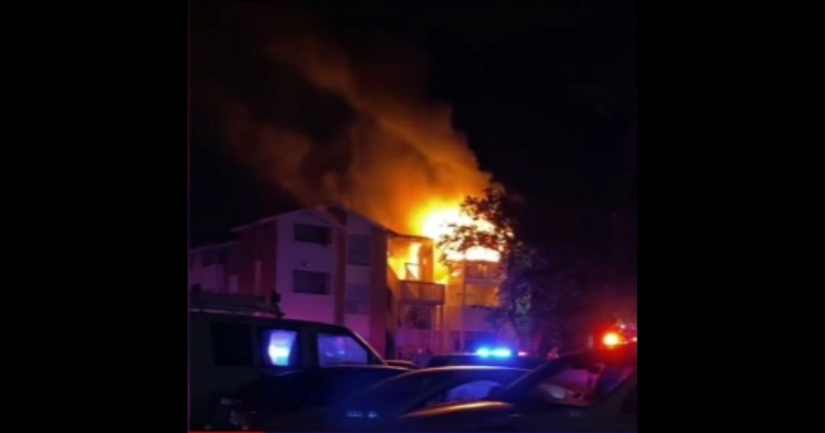 Firefighters rescued a man and his dog from a third-floor window of a burning apartment building in North Austin, Texas, on Tuesday.