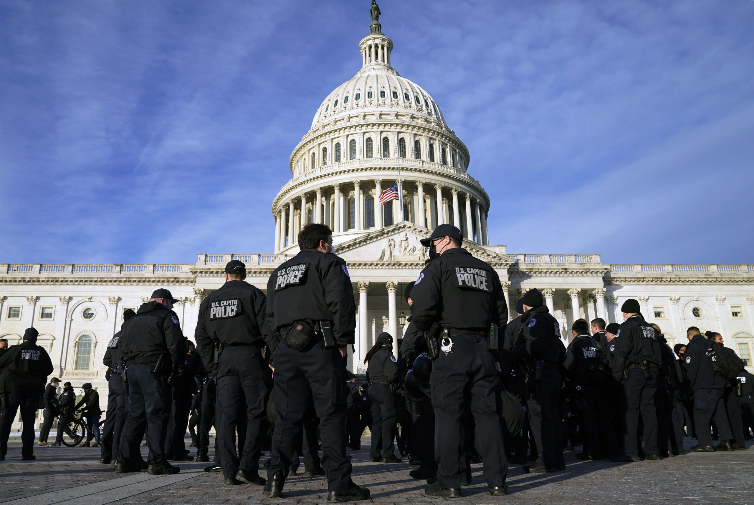 A large group of US Capitol Police are seen in a file photo from January. A Capitol Police officer fired a gun inside a break room in a House office building on Tuesday and was promptly suspended.