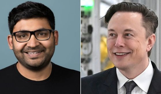 Twitter CEO Parag Agrawal, left, and Elon Musk, right, who is purchasing the social media giant.