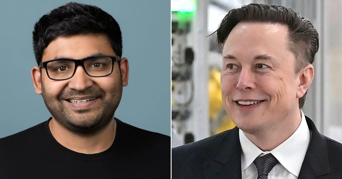 Twitter CEO Parag Agrawal, left, and Elon Musk, right, who is purchasing the social media giant.