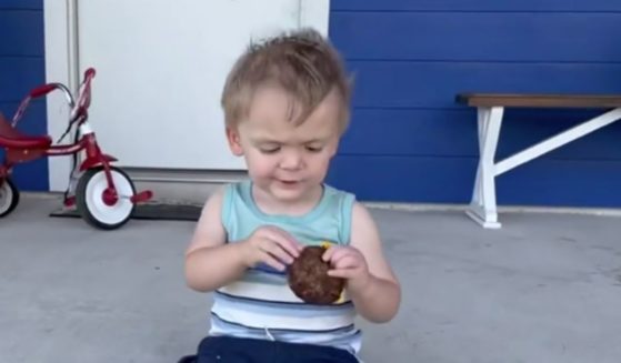 2-year-old Barrett is pictured with a cheeseburger.
