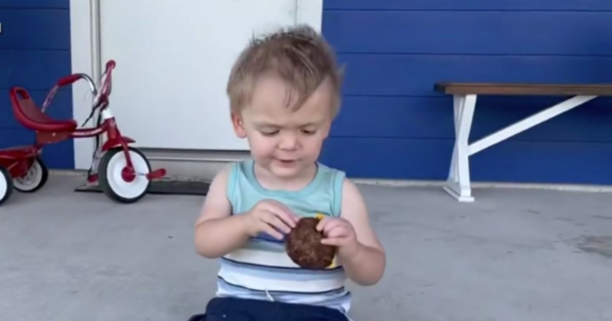 2-year-old Barrett is pictured with a cheeseburger.
