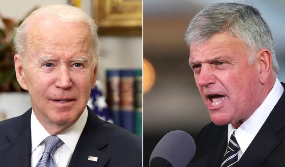 At left, President Joe Biden speaks in the Roosevelt Room of the White House in Washington on April 21. At right, the Rev. Franklin Graham speaks during the funeral for his father, famed evangelist Billy Graham, at the Billy Graham Library in Charlotte, North Carolina, on March 2, 2018.