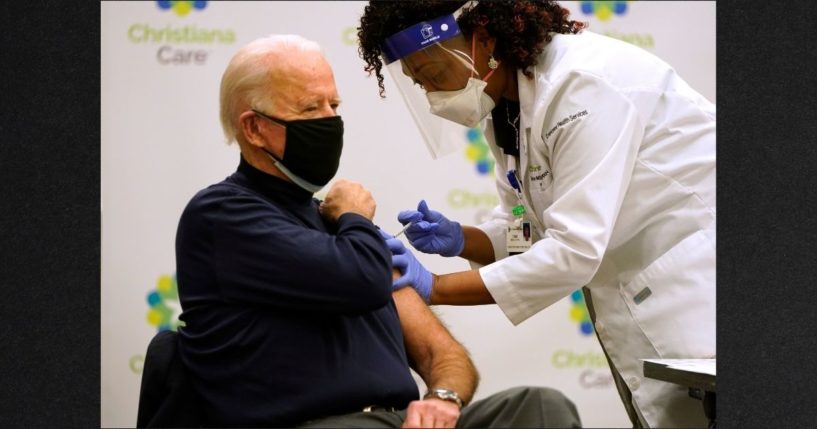 Then-president-elect Joe Biden is seen getting a COVID vaccine on December 21, 2020. The White House tweeted out disinformation Friday when it claimed there was no COVID vaccine available when Biden took office on January 20, 2021