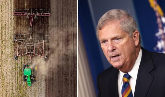 A tractor is seen in the stock image on the left. Agriculture Secretary Tom Vilsack speaks at a briefing at the White House in Washington, D.C., on Sept. 8, 2021.