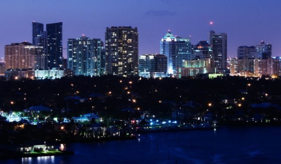 The skyline of Fort Lauderdale, Florida, is seen at night.