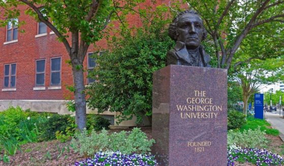 A statue of Founding Father George Washington is seen on the campus of George Washington University in D.C.