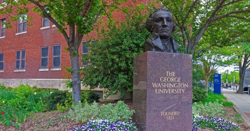 A statue of Founding Father George Washington is seen on the campus of George Washington University in D.C.