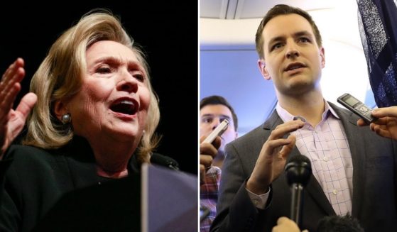 At left, former Secretary of State Hillary Clinton speaks during the New York Democratic Party's nominating convention in New York City on Feb. 17. At right, Robby Mook, manager of Clinton's 2016 presidential campaign, speaks aboard the campaign plane while traveling to Cedar Rapids, Ohio, on Oct. 28, 2016.