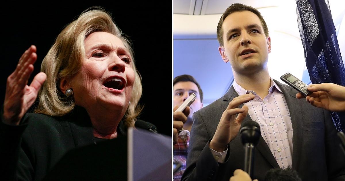 At left, former Secretary of State Hillary Clinton speaks during the New York Democratic Party's nominating convention in New York City on Feb. 17. At right, Robby Mook, manager of Clinton's 2016 presidential campaign, speaks aboard the campaign plane while traveling to Cedar Rapids, Ohio, on Oct. 28, 2016.