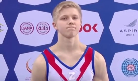 Ivan Kuliak, a Russian gymnast, has a letter Z taped to his uniform at a gymnastics World Cup event in Doha, Qatar.