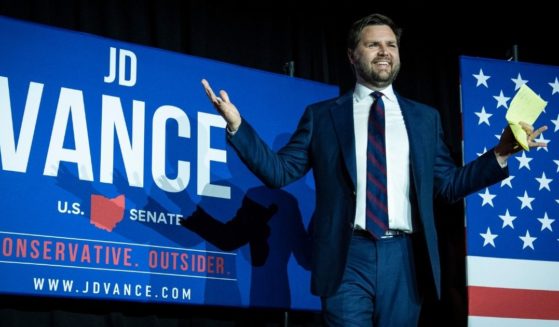 Republican Ohio Senate candidate J.D. Vance arrives onstage at the Duke Energy Convention Center in Cincinnati on Tuesday after winning the GOP primary.