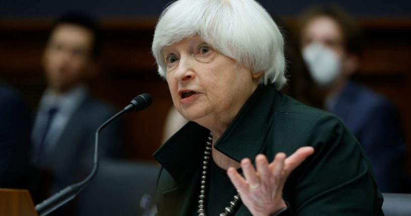 Treasury Secretary Janet Yellen testifies before the House Financial Services Committee on Capitol Hill on May 12 in Washington, D.C.