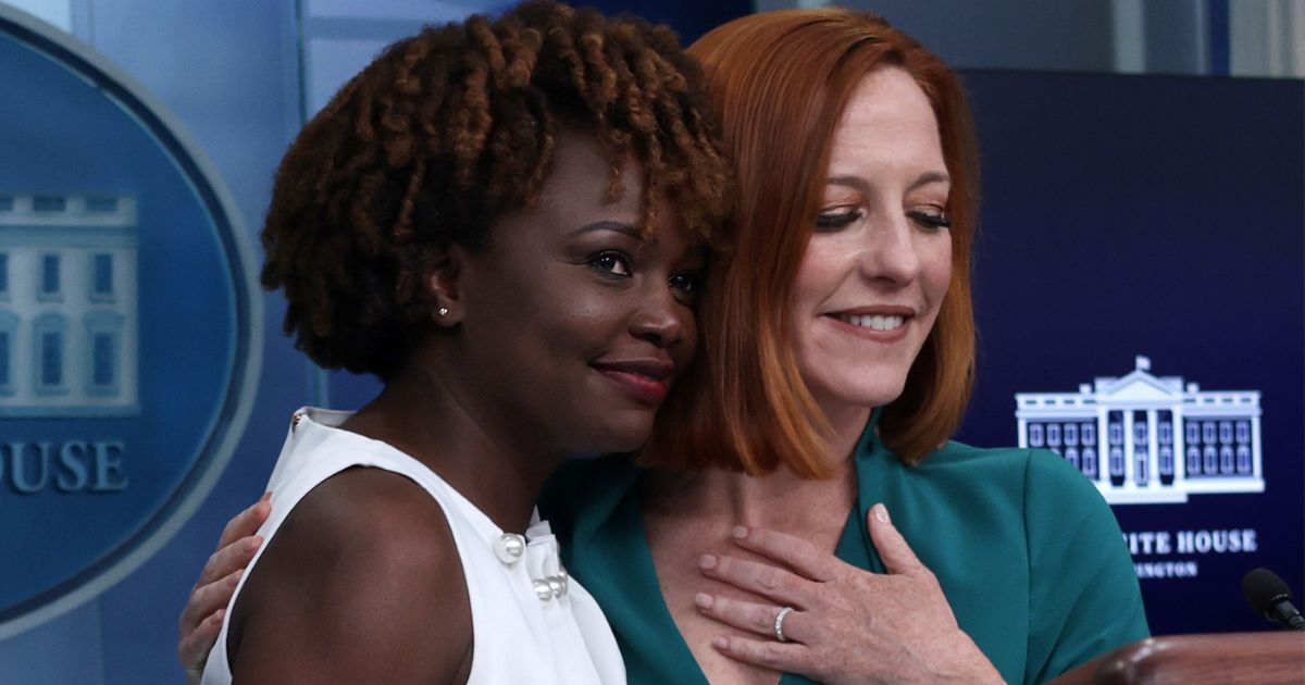 White House press secretary Jen Psaki, right, introduces her replacement, Karine Jean-Pierre, during the daily White House news briefing at the James S. Brady Press Briefing Room of the White House in Washington on Thursday.
