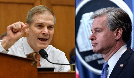 Rep. Jim Jordan, left, speaks during a House committee hearing on Capitol Hill in Washington, D.C., on April 28. FBI Director Christopher Wray listens during a news conference at the U.S. Justice Department on April 6 in Washington, D.C.