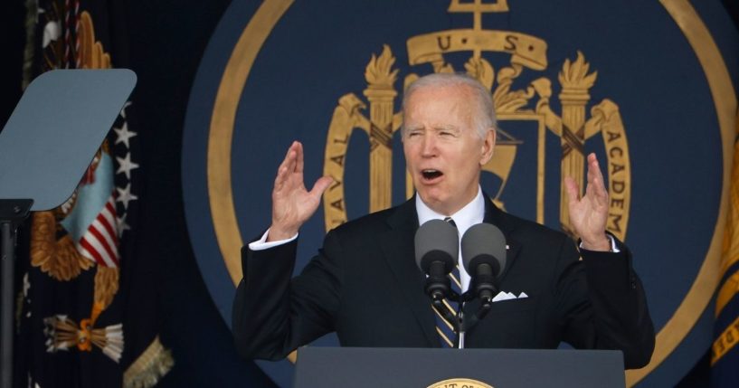 President Joe Biden delivers the commencement address during the graduation and commissioning ceremony at the U.S. Naval Academy on Friday in Annapolis, Maryland.