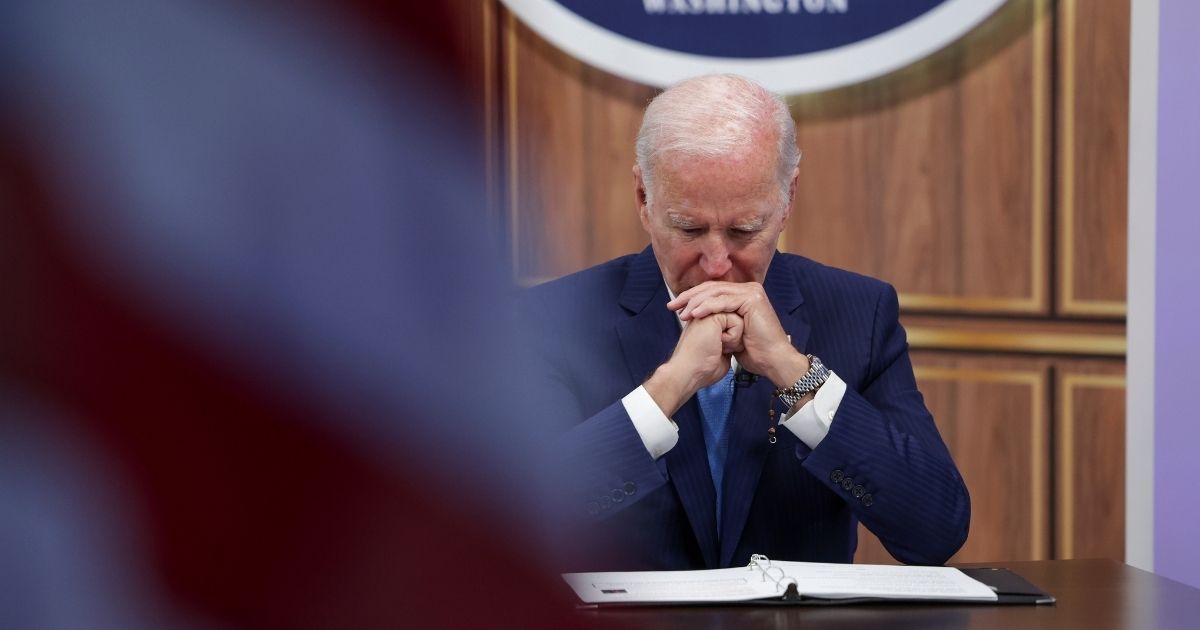 President Joe Biden participates in a virtual meeting at the Eisenhower Executive Office Building on Wednesday in Washington, D.C.