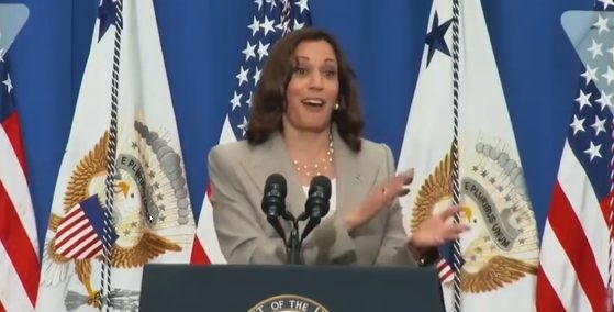 During a speech in Virginia on Friday, Vice President Kamala Harris committed yet another gaffe during a speech, attempting to cover up her awkwardness with misplaced laughter.