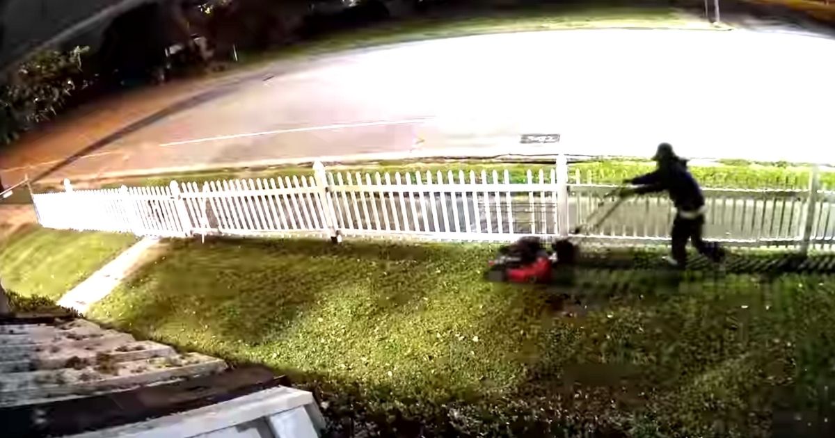 A video from the homeowner's security camera shows the man using their lawn mower to cut the grass. When police showed up, the man fled with the mower, but then abandoned it in an alley.