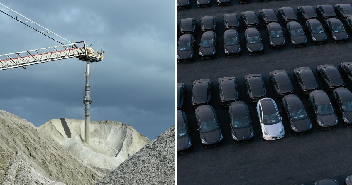 Lithium ore is mined from a facility in Australia, left. This type of mining, which causes large pits in the earth, is needed for Tesla vehicles, right.
