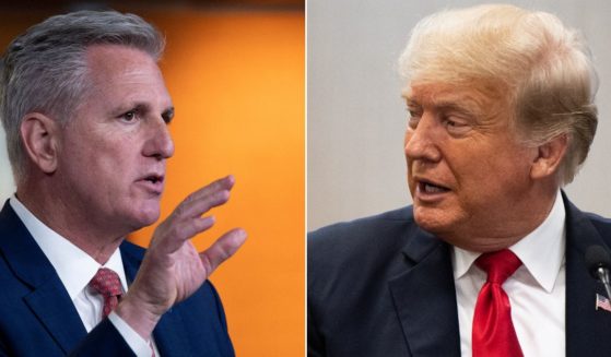 At left, House Minority Leader Kevin McCarthy speaks during his weekly news briefing on Capitol Hill in Washington on Oct. 28. At right, former President Donald Trump speaks during a border security briefing in Weslaco, Texas, on June 30.