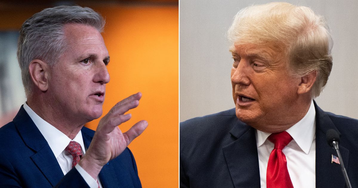 At left, House Minority Leader Kevin McCarthy speaks during his weekly news briefing on Capitol Hill in Washington on Oct. 28. At right, former President Donald Trump speaks during a border security briefing in Weslaco, Texas, on June 30.