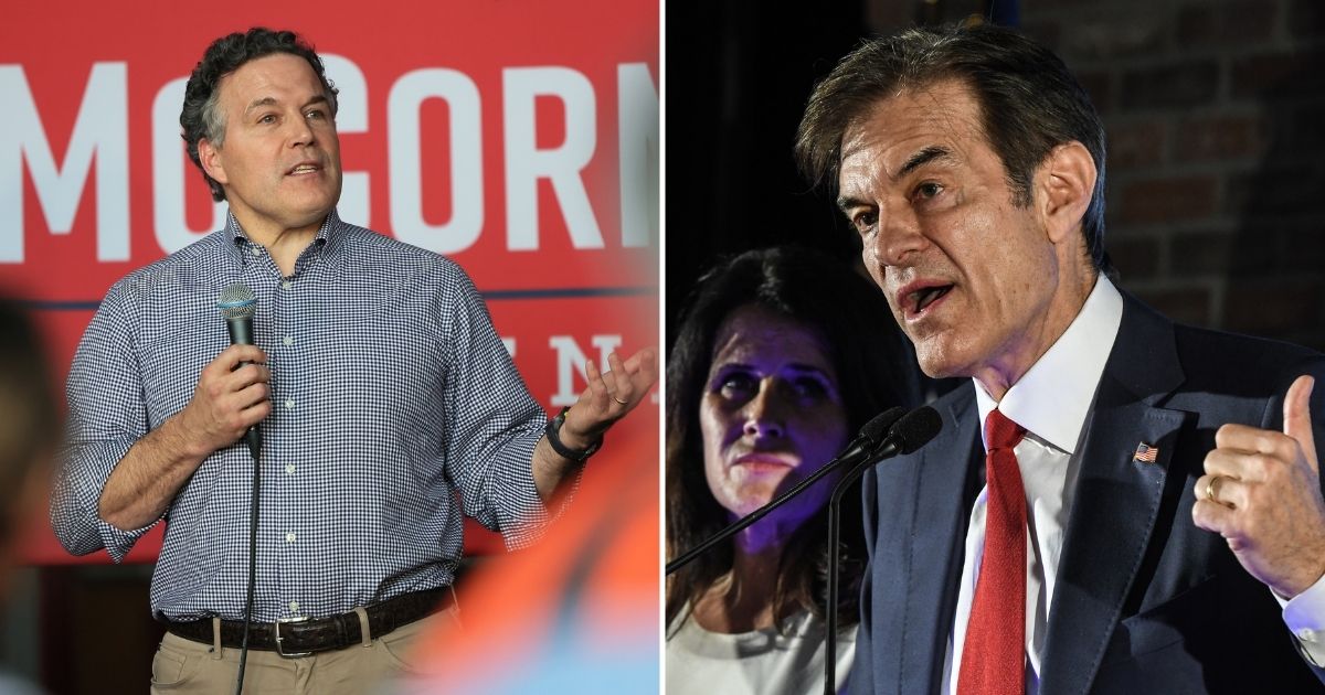 Republican U.S. Senate candidate Dave McCormick, left, speaks during a rally at Bloomsburg Area High School on Monday in Bloomsburg, Pennsylvania. Republican U.S. Senate candidate Mehmet Oz greets supporters on Tuesday in Newtown, Pennsylvania.