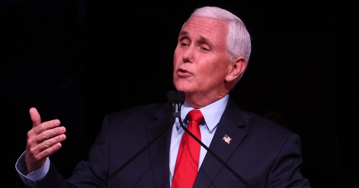 Former Vice President Mike Pence speaks during the Advancing Freedom Lecture Series at Stanford University in Stanford, California, on Feb. 17.