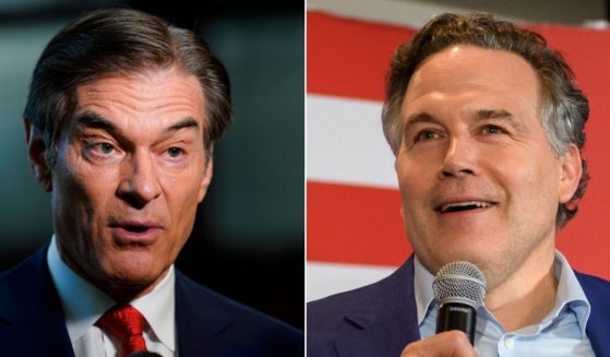 At left, Mehmet Oz, a Republican candidate for U.S. Senate in Pennsylvania, speaks with members of the media forum in Newtown on May 11. At right, GOP candidate Dave McCormick speaks to supporters at the Indigo Hotel in Pittsburgh during a primary election night event on Tuesday.