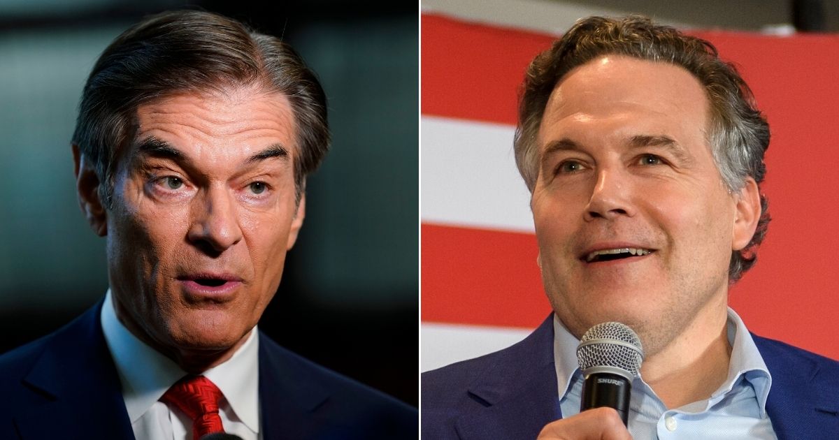 At left, Mehmet Oz, a Republican candidate for U.S. Senate in Pennsylvania, speaks with members of the media forum in Newtown on May 11. At right, GOP candidate Dave McCormick speaks to supporters at the Indigo Hotel in Pittsburgh during a primary election night event on Tuesday.
