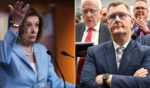 The UK's Democratic Unionist Party leader Sir Jeffrey Donaldson, right, chided House Speaker Nancy Pelosi for her 'entirely unhelpful' remarks made in a statement regarding Northern Ireland.